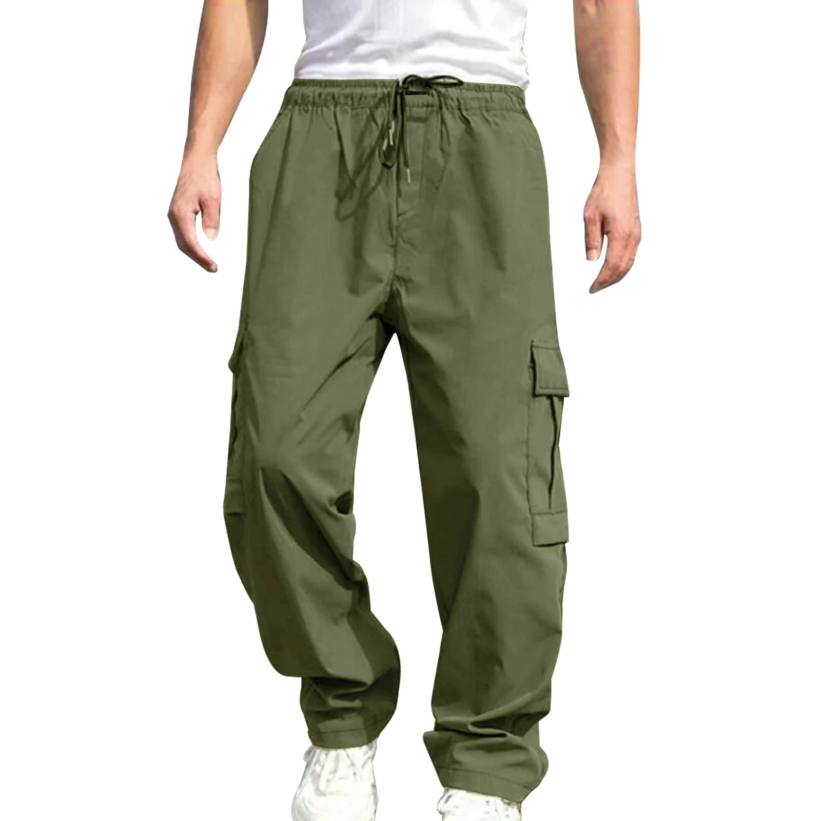 Men s Loose Cargo Long Pants Solid Color Drawstring Waist Straight Leg Trousers Casual Work Pants with Pockets - Image 8