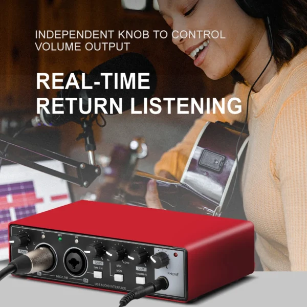 MD22 Recording Sound Card 48V Phantom Power 24-bit/192 KHZ USB Audio Interface with Loopback Monitor for Guitar Recording - Image 3