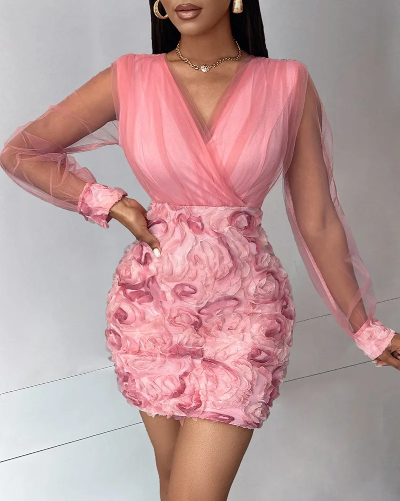 Women Fashion Dress Fashion Floral Pattern Sheer Mesh Patch Long Sleeve V-Neck Elegant Party Dress - Image 2
