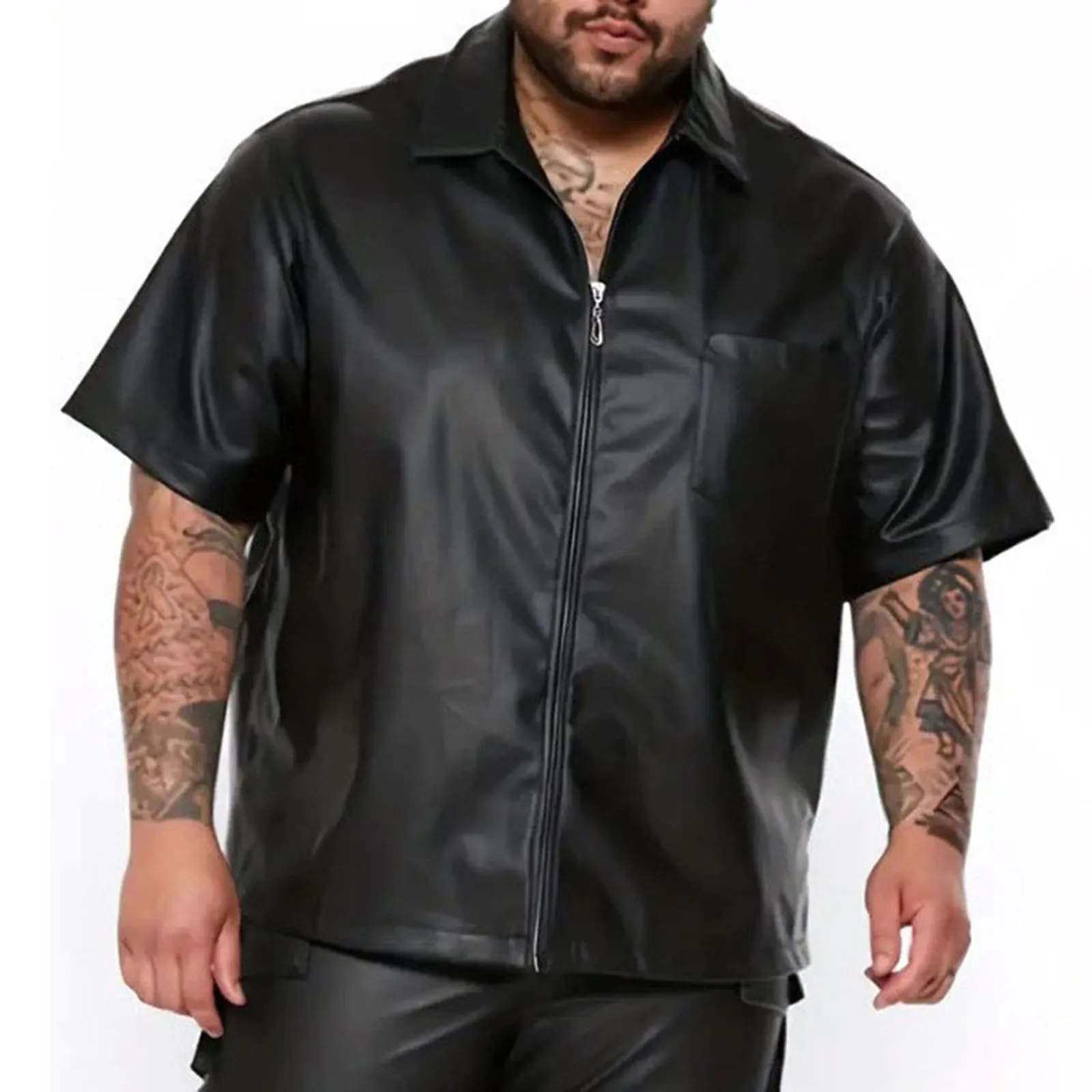 Leather Zipper Men'S Casual Short Sleeved Leather Jacket Cool Fashion Top Oversized Loose Fitting Short Sleeved Black Shirt