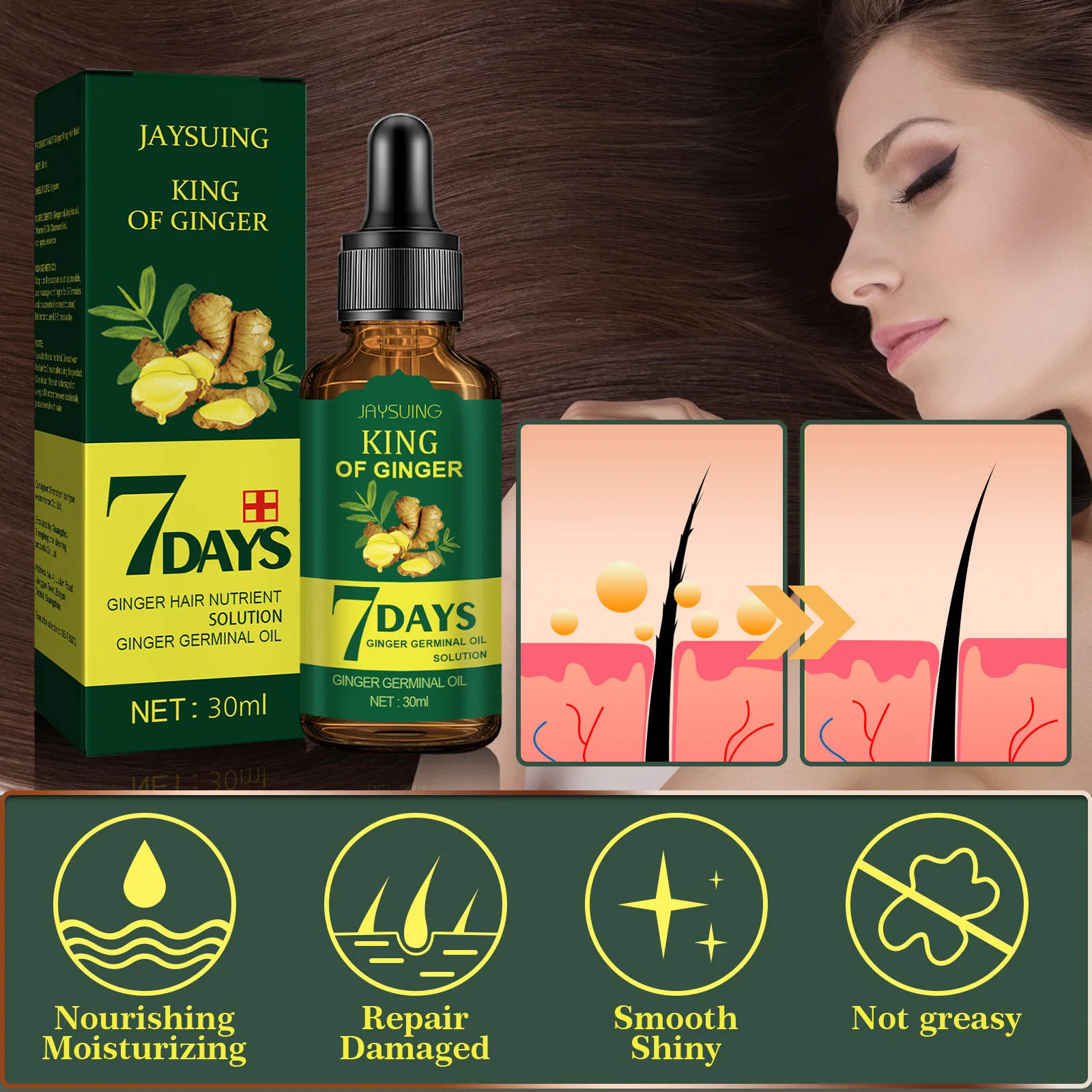 Jaysuing 7days Ginger Hair Treatment Nutrient Solution Moisturizing Repair Hair Growth Liquid Smoothing Ginseng Germinal Oil - Image 5