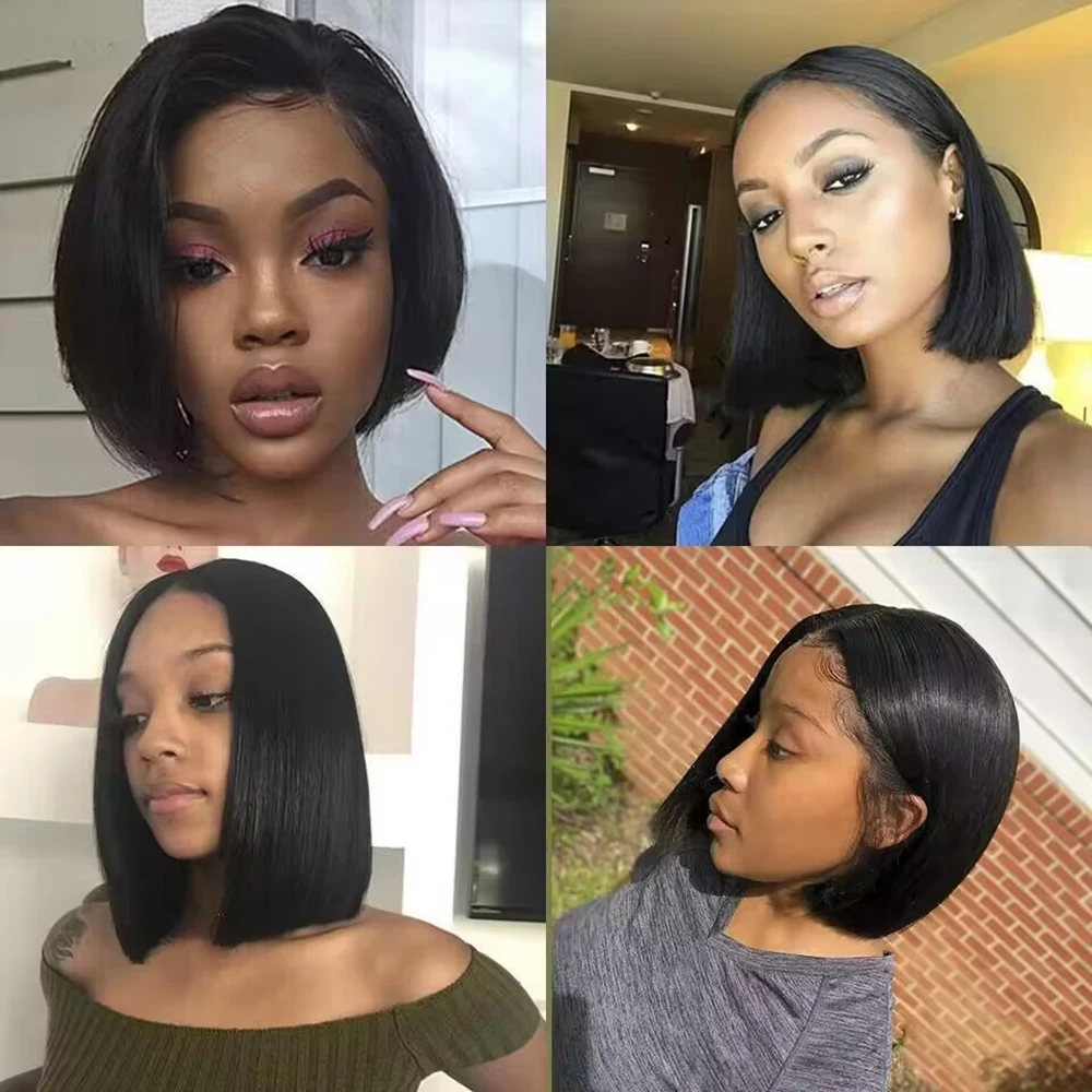 200% Density 13x4 Short Bob Straight Brazilian Remy Hair HD Transparent Lace Full Lace Frontal Wigs 100% Human Hair For Women - Image 5
