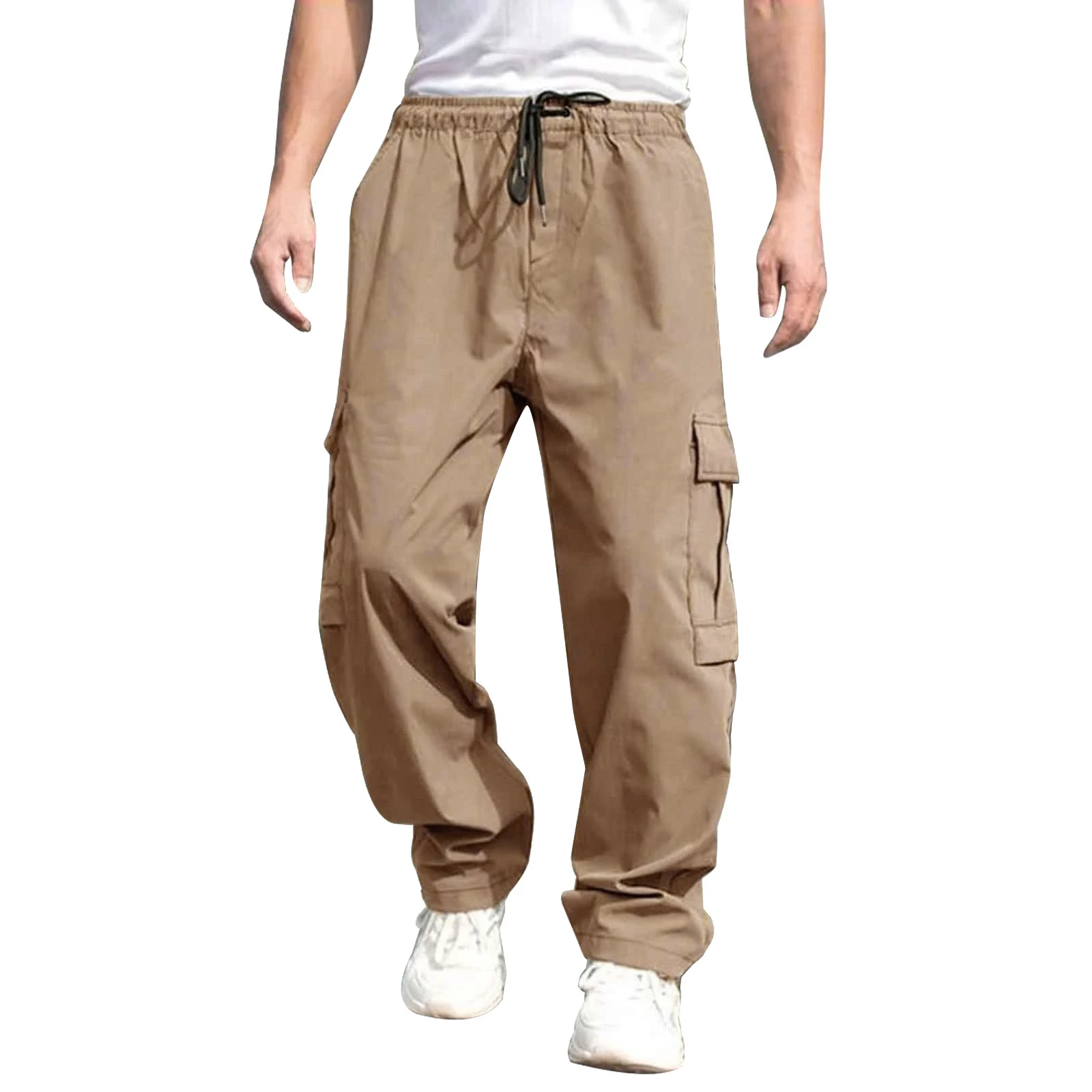 Men s Loose Cargo Long Pants Solid Color Drawstring Waist Straight Leg Trousers Casual Work Pants with Pockets - Image 9