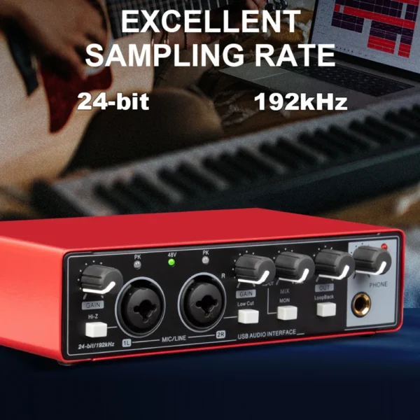 MD22 Recording Sound Card 48V Phantom Power 24-bit/192 KHZ USB Audio Interface with Loopback Monitor for Guitar Recording - Image 2
