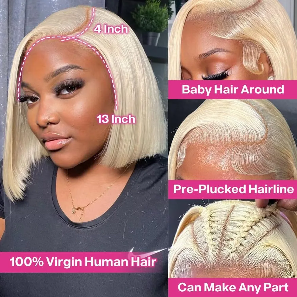 Blonde Bob Wig Human Hair 180% Density 613 Lace Front Wig Human Hair Bob 13x4 HD Transparent Blonde Lace Frontal Wigs Human Hair - Image 2