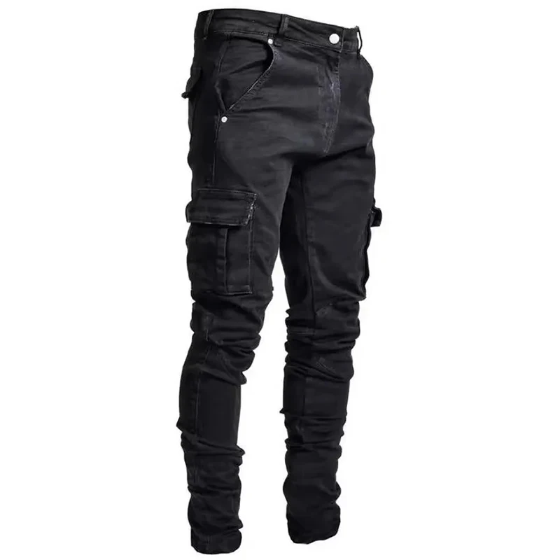 Men Street Elastic Denim Jeans Wash Solid Color Multi Pockets Cargo Pants Casual Slim Fit Daily Wear Joggers Mid Waist Trousers - Image 6
