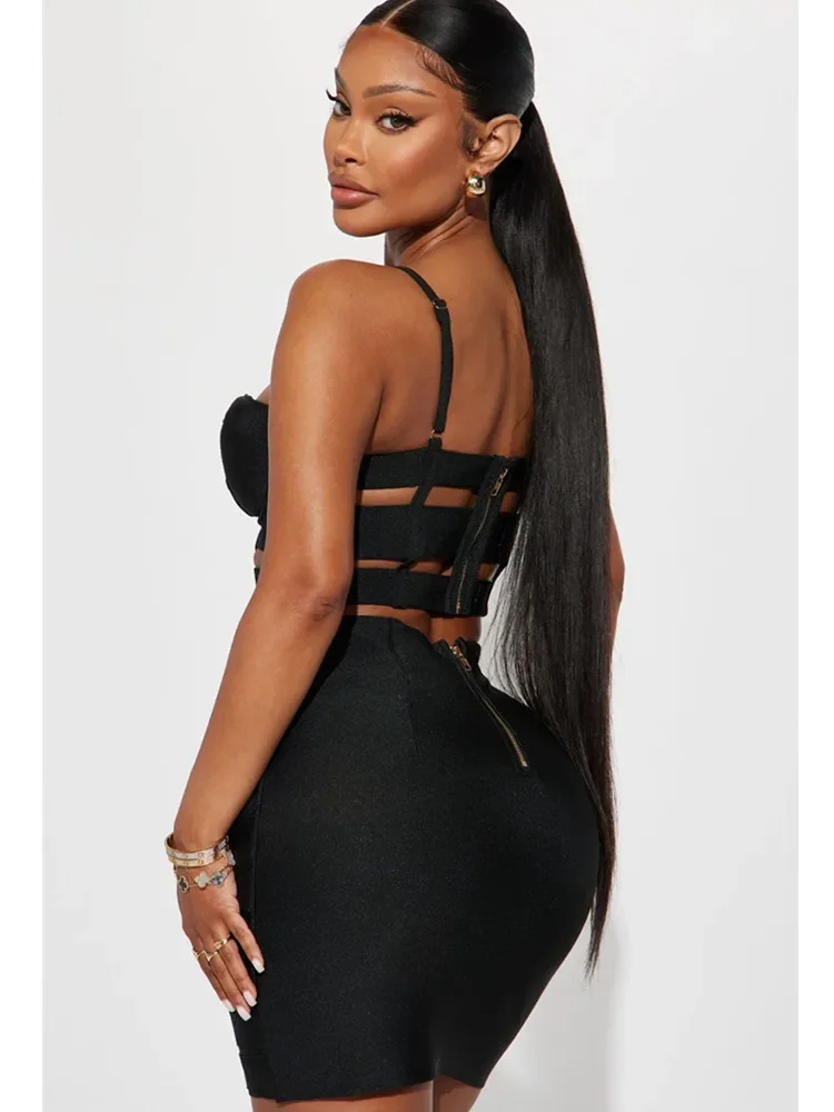 Women Celebrity Sexy Cut Out Mental Black White Mini Bodycon Bandage Skirt Set 2023 Elegant Evening Birthday Club Party Outfits - Image 4