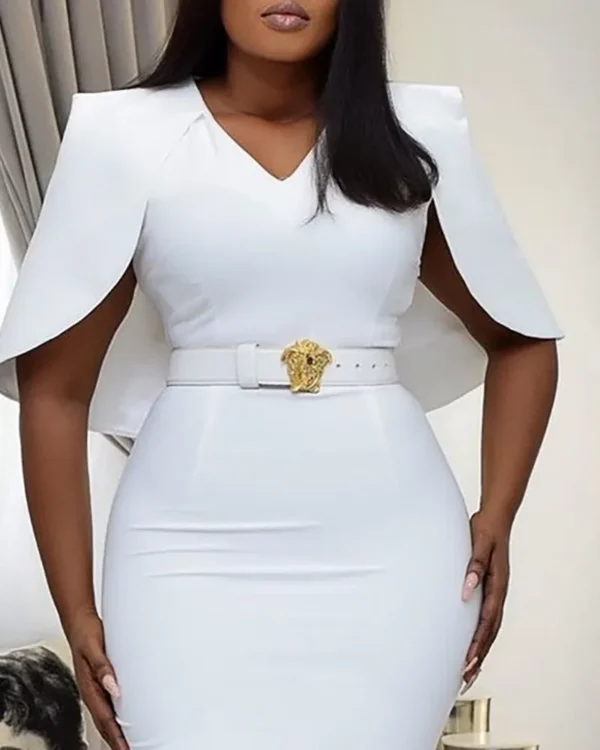 Women Fashion Elegant Formal Solid White Cape Sleeve Work Overalls High Waist Tight Bodycon Dress Lady Office (Without Belt) - Image 3