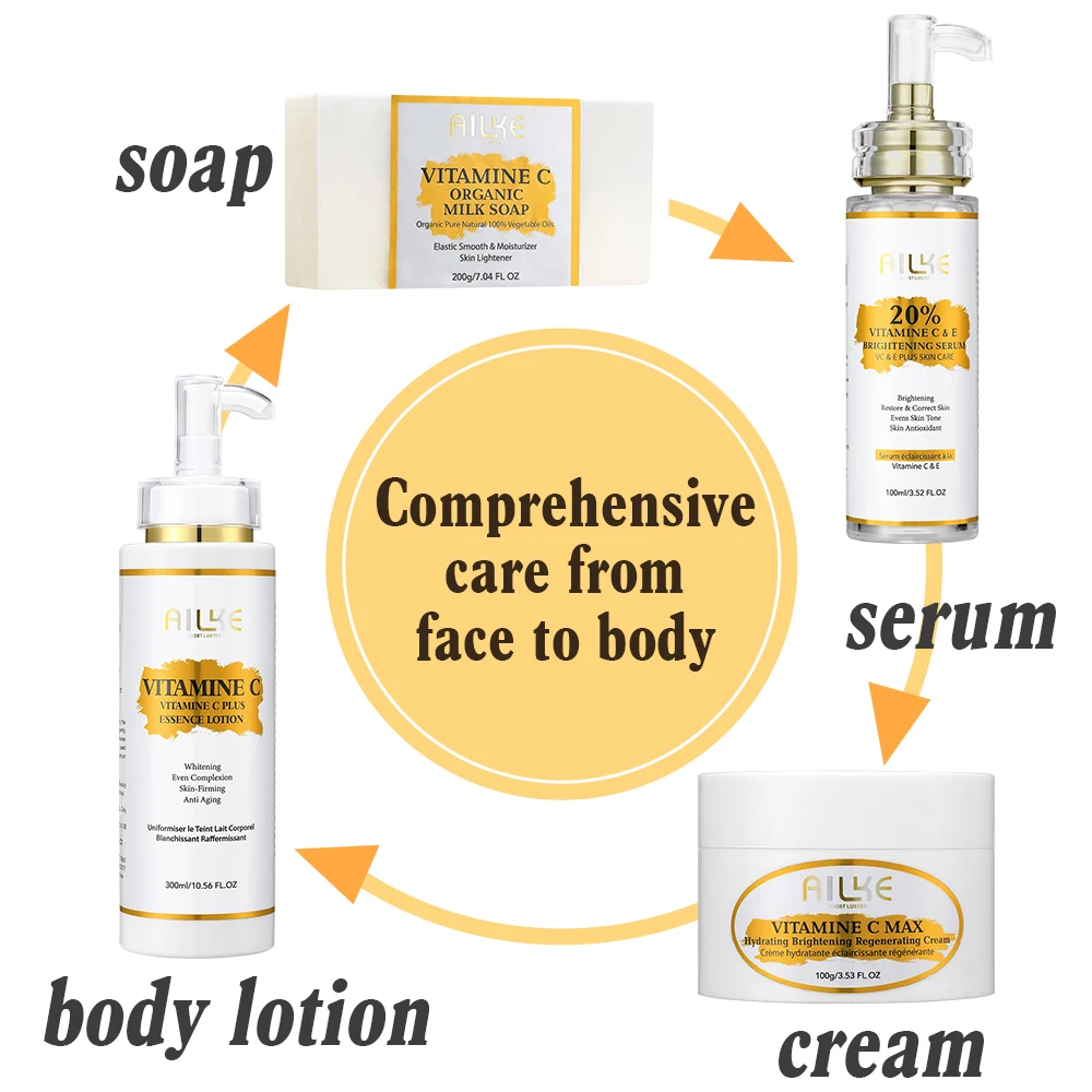 AILKE Vitamin C Skin Care Set, with Lightening Body Lotion, Even Skin Tone Face Cream, Whitening Serum, Brightening Soap - Image 6