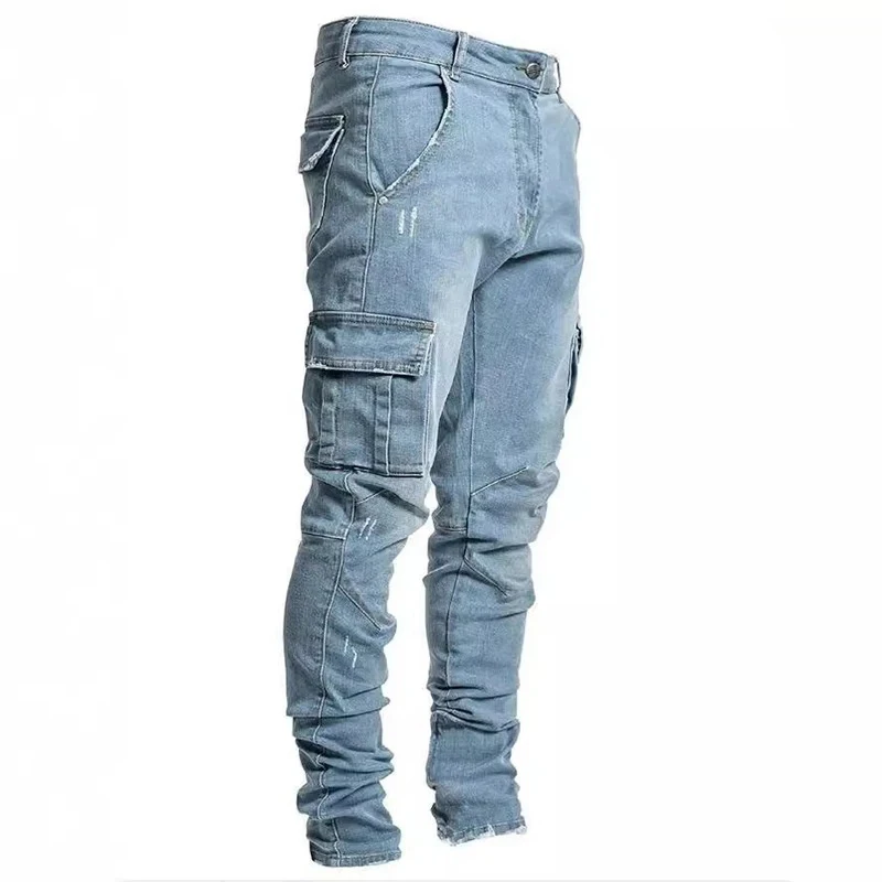 Men Street Elastic Denim Jeans Wash Solid Color Multi Pockets Cargo Pants Casual Slim Fit Daily Wear Joggers Mid Waist Trousers - Image 3