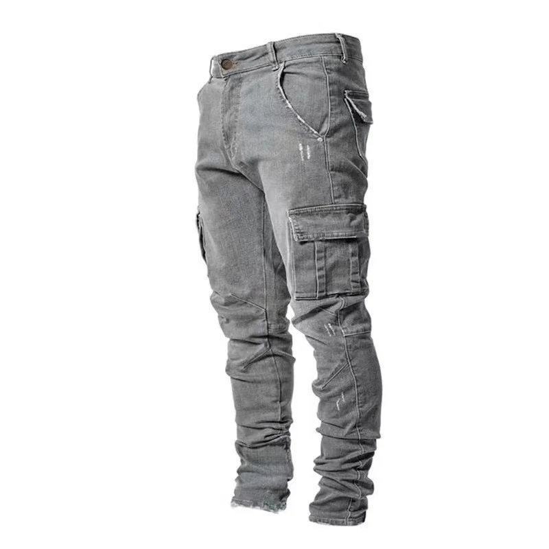 Men Street Elastic Denim Jeans Wash Solid Color Multi Pockets Cargo Pants Casual Slim Fit Daily Wear Joggers Mid Waist Trousers - Image 7