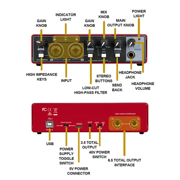 MD22 Recording Sound Card 48V Phantom Power 24-bit/192 KHZ USB Audio Interface with Loopback Monitor for Guitar Recording - Image 5