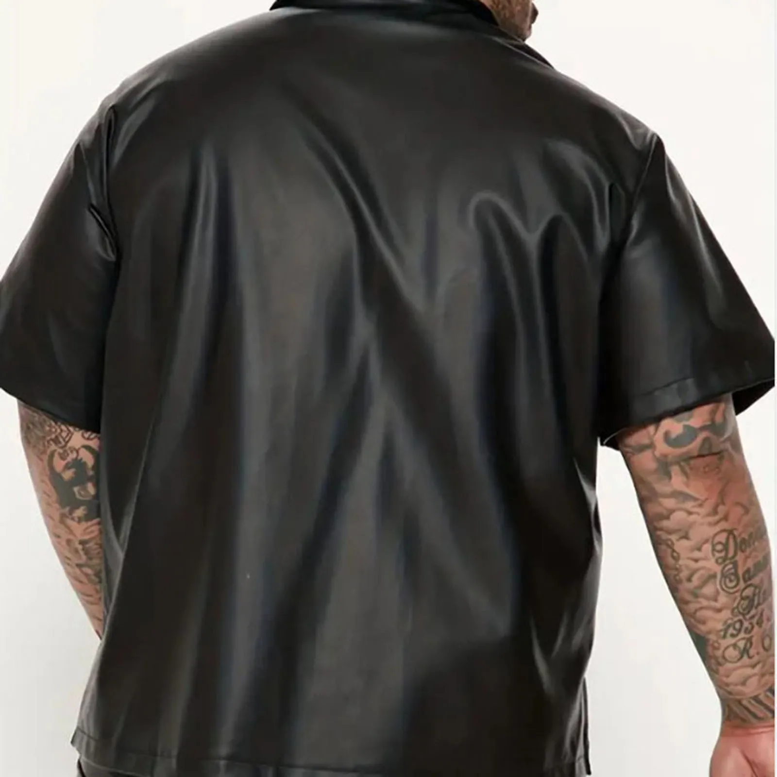 Leather Zipper Men'S Casual Short Sleeved Leather Jacket Cool Fashion Top Oversized Loose Fitting Short Sleeved Black Shirt - Image 2