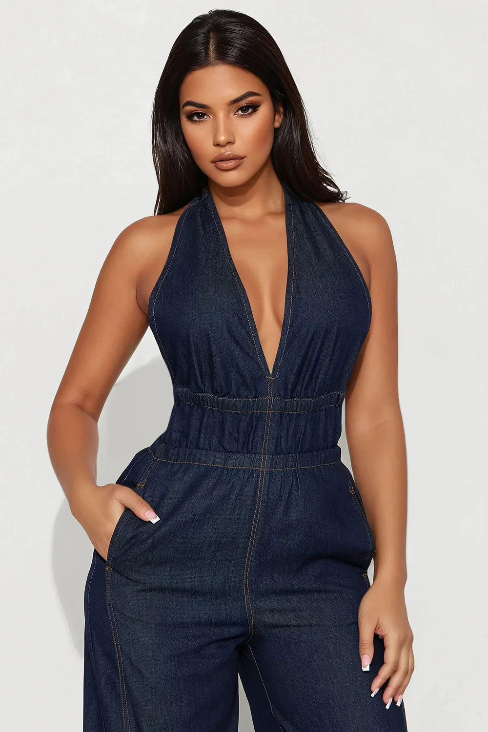 Enza Halter Denim Jumpsuit - Dark Wash - Image 3
