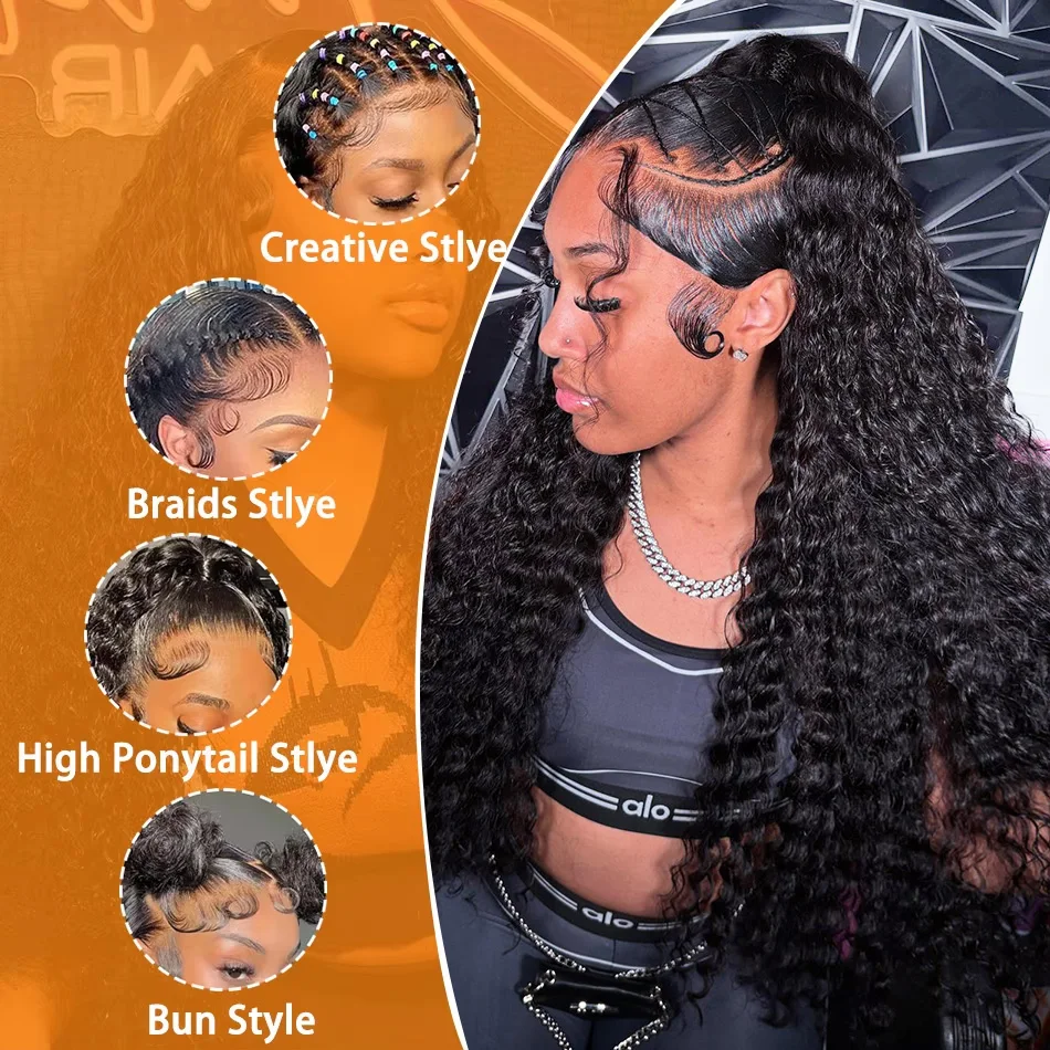 100% Human Hair 13x6 HD Transparent Deep Wave Lace Frontal Wigs 13x4 Water Curly Lace Front Wig 30 40 Inch Kinky Brazilian Black - Image 3