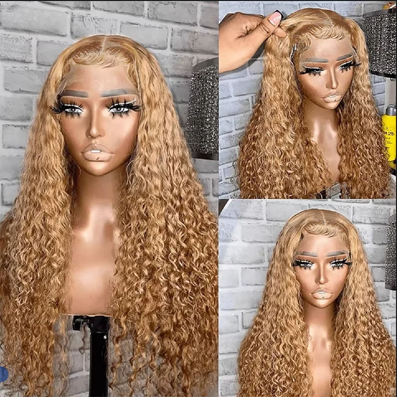Honey Blonde Lace Front Curly Wigs Human Hair Deep Wave 13x6 HD Lace Frontal Wigs for Women 30 inch Colored Wigs Cheap on Sale - Image 3