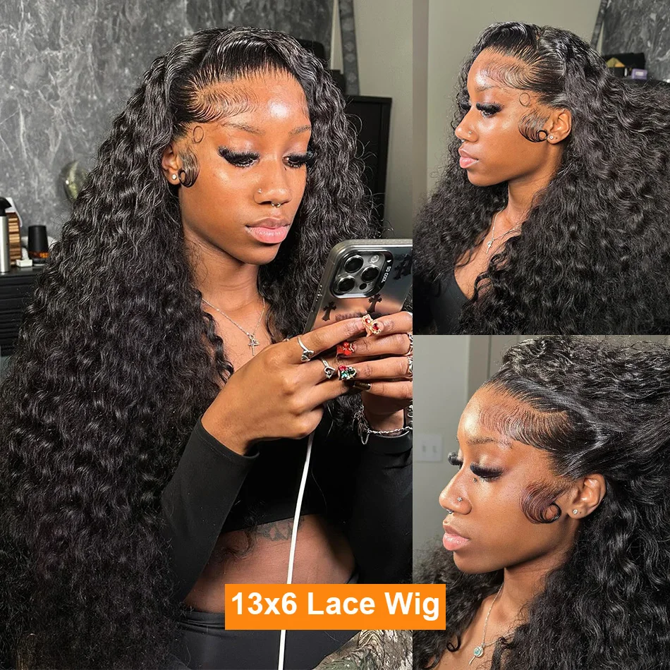 100% Human Hair 13x6 HD Transparent Deep Wave Lace Frontal Wigs 13x4 Water Curly Lace Front Wig 30 40 Inch Kinky Brazilian Black - Image 4