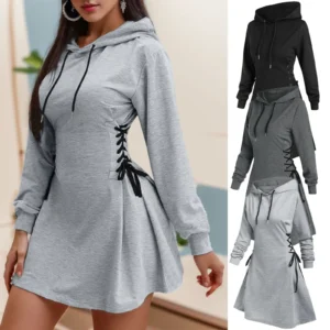 Women Autumn Sweatshirt Dresses Side Lace-Up Waist In Long Sleeve Solid Color Hooded Pullover Tops Casual Long Loose Hoodies
