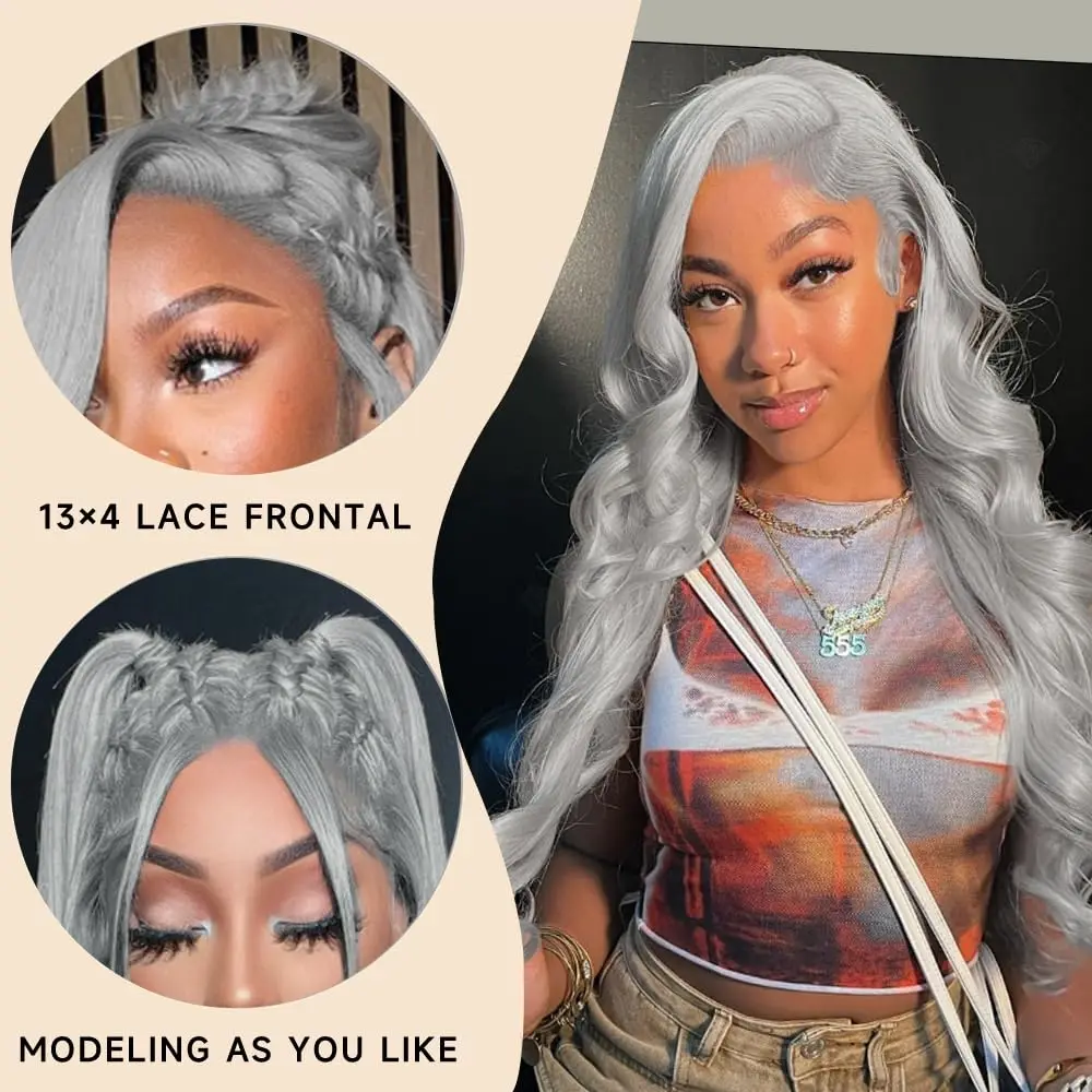 Cosplay Body Wave Silver Grey 13X4 Lace Front Wigs Human Hair 13x6 HD Lace Front Wigs Remy Brazilian 613 Colored Human Hair Wigs - Image 3