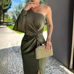 Summer Dresses Women Green Sexy One Shoulder Satin Asymmetrical Ruched Midi Evening Party Prom Dress Gown Bandage Plus Size Robe