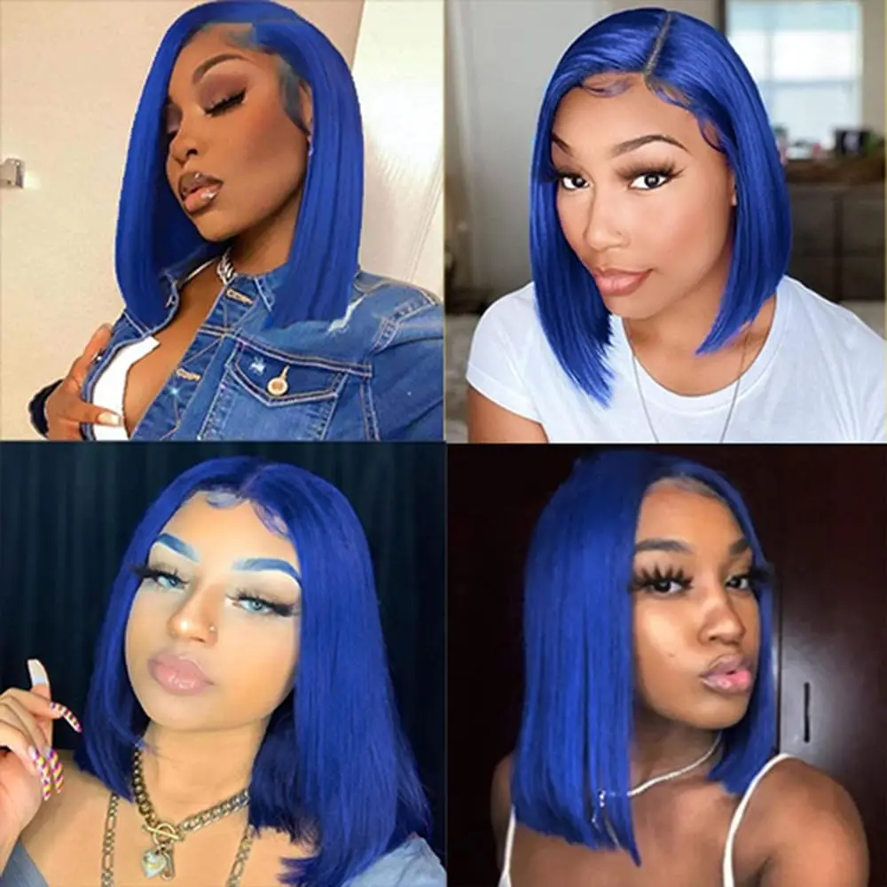 Blue Color Straight Short Bob Lace Frontal Wig 13X4 Lace Front Bob Human Hair Wigs Transparent Lace Bob Wig For Human Lace Wigs - Image 4