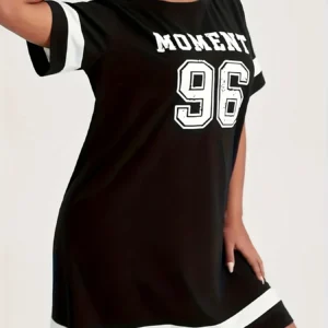 Plus Size Summer 2025 Women's Graphic Print Mini Dress Casual Sports Style with Drop Short Sleeves Black White Stripe Clothes