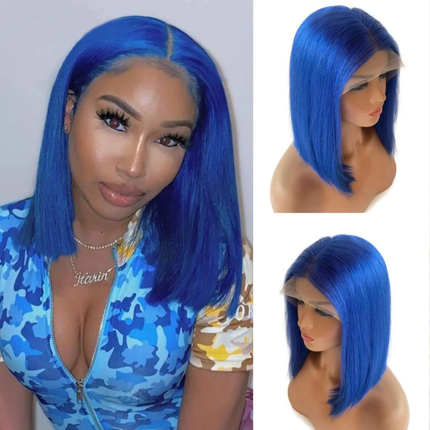 Blue Color Straight Short Bob Lace Frontal Wig 13X4 Lace Front Bob Human Hair Wigs Transparent Lace Bob Wig For Human Lace Wigs - Image 3